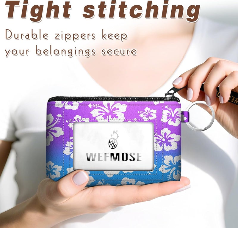 WEFMOSE Small Wallet Keychain with Clear ID Window Zipper Cute ID Case Coin Purse for Women Water Resistant Coin Pouch-Hawaiian Floral-Purple Keychain Wallet - Image 4